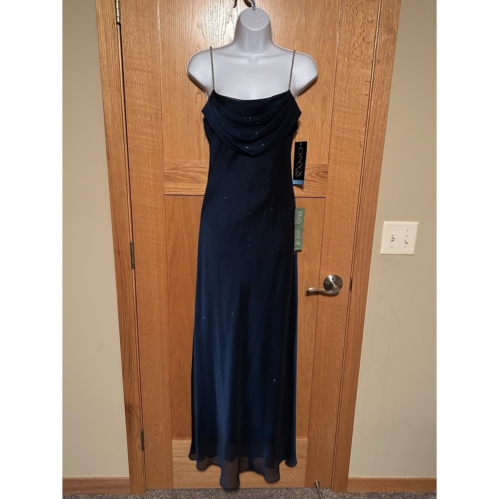 NEW Vintage Y2K Onyx Nite Navy Blue Glitter‎ Cowl Neck Rhinestone Formal Dress 6